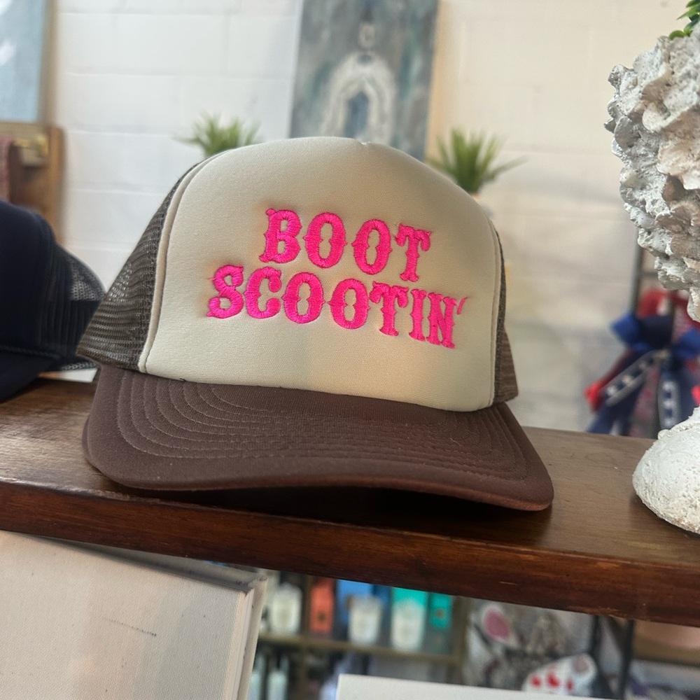 Brown and Cream Trucker Hat with Pink Embroidery